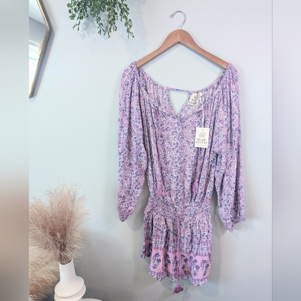New Blue Boheme Lavender Floral Smocked Waist Mini Dress One Size